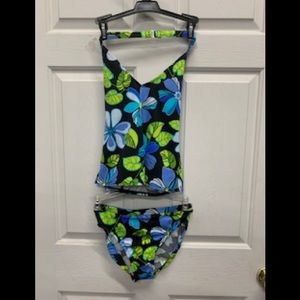 NWT tankini set halter blue green